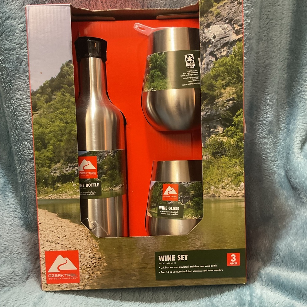 "NEW" Ozark Trail 3 Piece Wine Set Stainless Steel Wine Bottle And 2 Tumblers